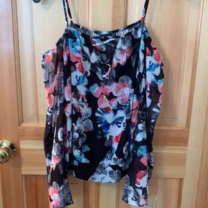 bebe off-the-shoulder sheer silk top in floral. Size medium.